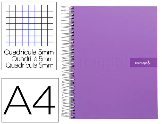 Imagen Cuaderno espiral liderpapel a4 micro crafty tapa forrada 120h 90gr cuadro 5mm 5 bandas 4 taladros color violeta