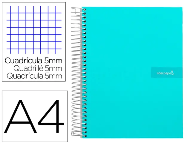 Imagen Cuaderno espiral liderpapel a4 micro crafty tapa forrada 120h 90gr cuadro 5mm 5 bandas 4 taladros color turquesa
