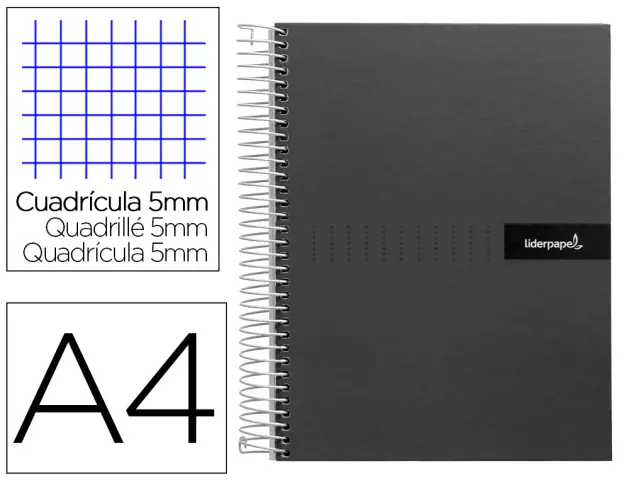 Imagen Cuaderno espiral liderpapel a4 micro crafty tapa forrada 120h 90 gr cuadro 5 mm 5 bandas 4 colores color negro