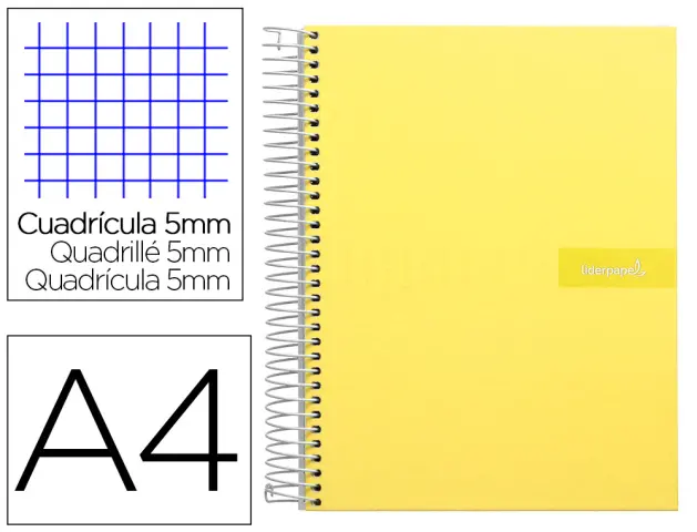 Imagen Cuaderno espiral liderpapel a4 micro crafty tapa forrada 120h 90gr cuadro 5mm 5 bandas 4 taladros color amarillo