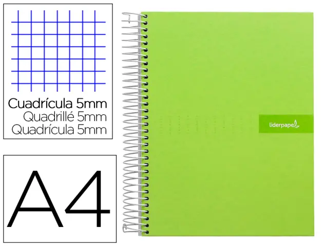 Imagen Cuaderno espiral liderpapel a4 micro crafty tapa forrada 120h 90 gr cuadro 5 mm 5 bandas 4 colores color verde