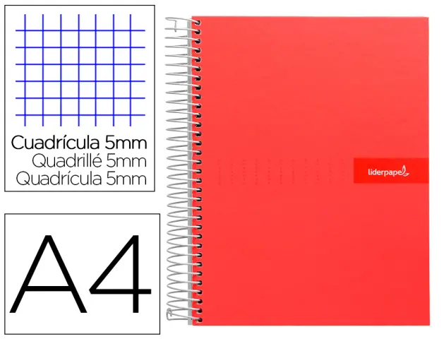 Imagen Cuaderno espiral liderpapel a4 micro crafty tapa forrada 120h 90 gr cuadro 5 mm 5 bandas 4 colores color rojo