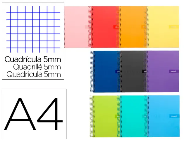 Imagen Cuaderno espiral liderpapel a4 crafty tapa forrada 80h 90 gr cuadro 5 mm con margen colores surtidos