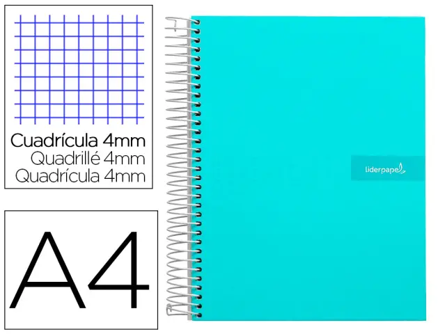 Imagen Cuaderno espiral liderpapel a4 crafty tapa forrada 80h 90 gr cuadro 4mm con margen color turquesa