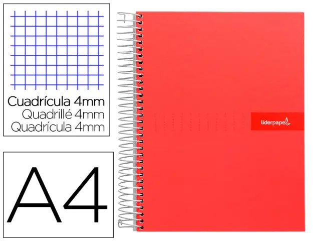 Imagen Cuaderno espiral liderpapel a4 crafty tapa forrada 80h 90 gr cuadro 4mm con margen color roja