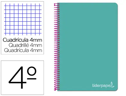 Imagen Cuaderno espiral liderpapel cuarto witty tapa dura 80h 75gr cuadro 4mm con margen color turquesa