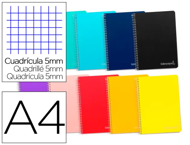 Imagen Cuaderno espiral liderpapel a4 micro witty tapa dura 140h 75gr cuadro 5mm 5 bandas 4 taladros colores surtidos