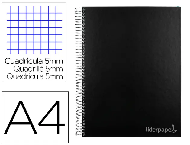 Imagen Cuaderno espiral liderpapel a4 micro jolly tapa forrada 140h 75 gr cuadro 5mm 5 bandas 4 taladros color negro