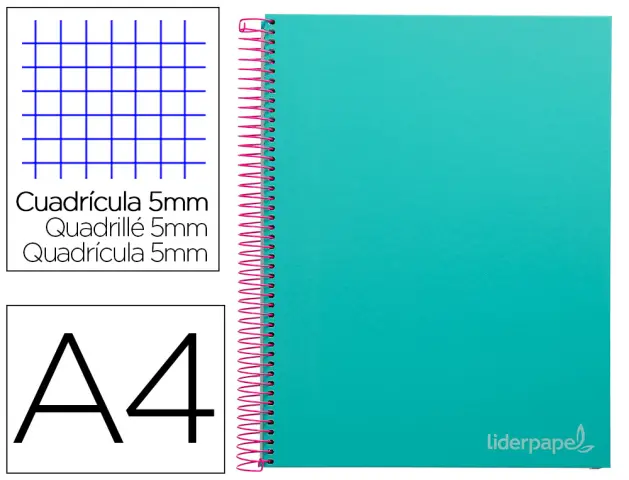 Imagen Cuaderno espiral liderpapel a4 micro jolly tapa forrada 140h 75 gr cuadro 5mm 5 bandas4 taladros color turquesa