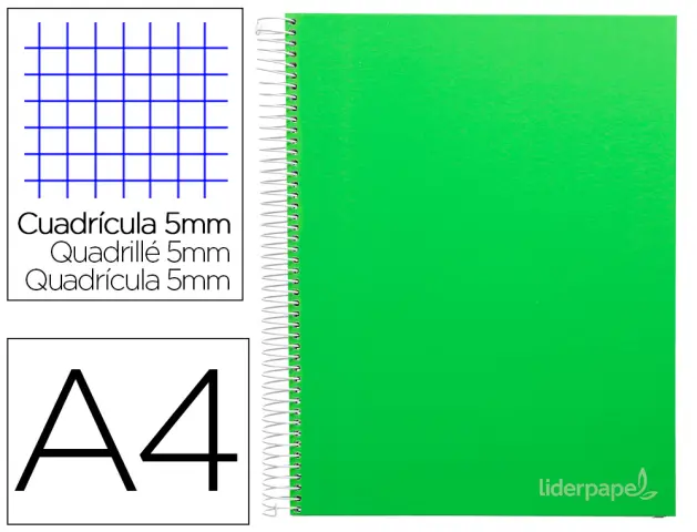 Imagen Cuaderno espiral liderpapel a4 micro jolly tapa forrada 140h 75 gr cuadro 5mm 5 bandas 4 taladros color verde