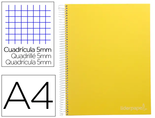 Imagen Cuaderno espiral liderpapel a4 micro jolly tapa forrada 140h 75 gr cuadro 5mm 5 bandas4 taladros color amarillo