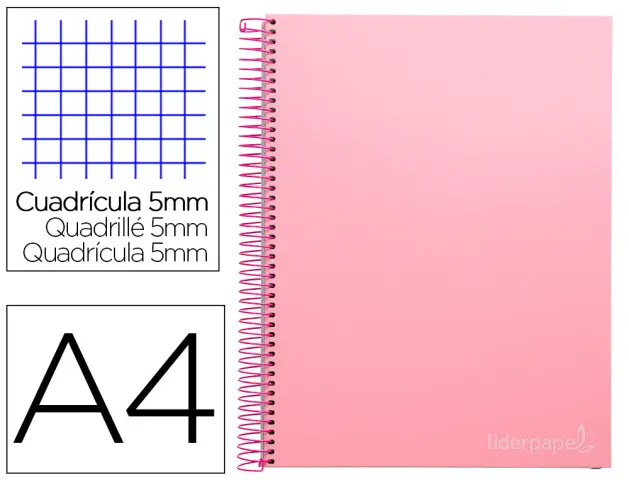 Imagen Cuaderno espiral liderpapel a4 micro jolly tapa forrada 140h 75 gr cuadro 5mm 5 bandas 4 taladros color rosa