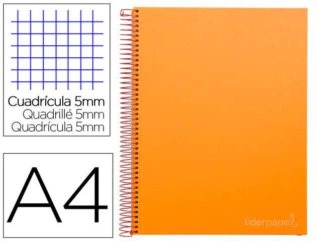 Imagen Cuaderno espiral liderpapel a4 micro jolly tapa forrada 140h 75 gr cuadro 5mm 5 bandas4 taladros color naranja