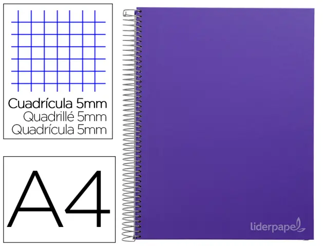 Imagen Cuaderno espiral liderpapel a4 micro jolly tapa forrada 140h 75 gr cuadro 5mm 5 bandas 4 taladros color lila