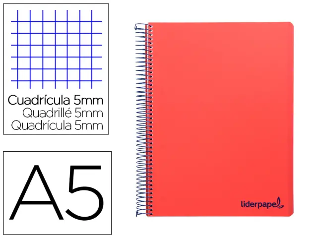 Imagen Cuaderno espiral liderpapel a5 micro wonder tapa plastico 120h 90g cuadro 5mm 5 bandas 6 taladros color rojo