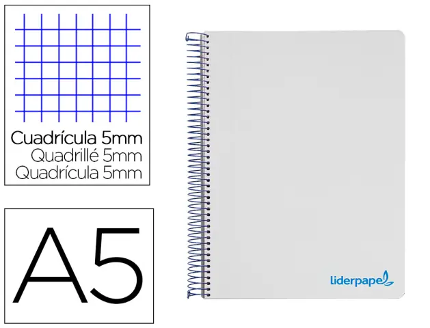 Imagen Cuaderno espiral liderpapel a5 micro wonder tapa plastico 120h 90g cuadro 5mm 5 bandas 6 taladros color gris