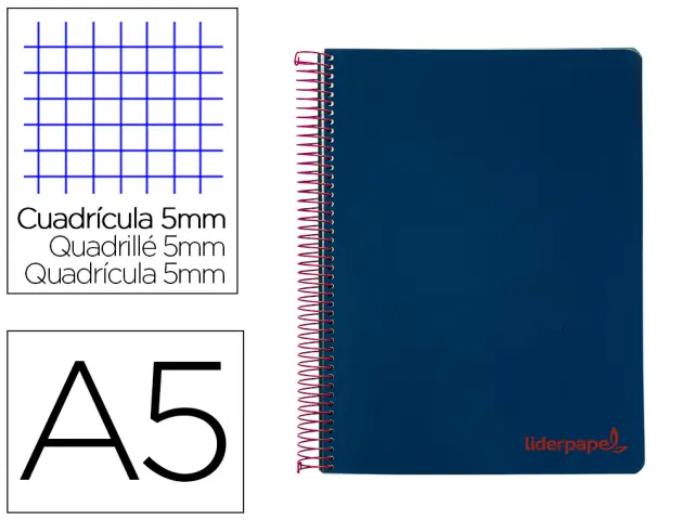 Imagen Cuaderno espiral liderpapel a5 micro wonder tapa plastico 120h 90g cuadro 5mm 5 bandas 6 taladros color azul marino