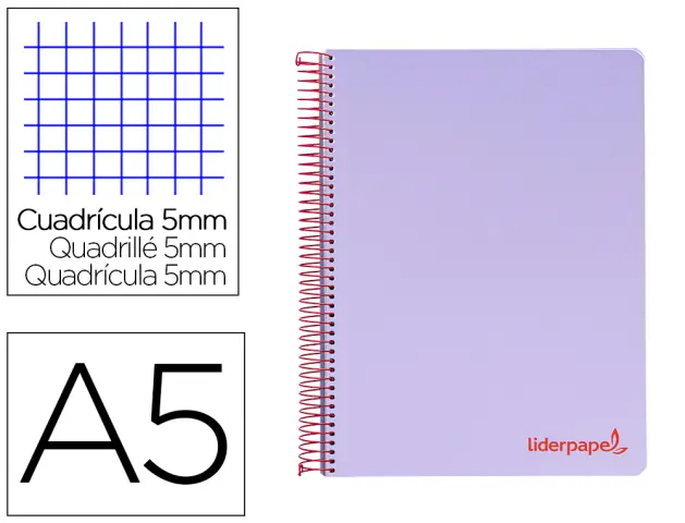 Imagen Cuaderno espiral liderpapel a5 micro wonder tapa plastico 120h 90g cuadro 5mm 5 bandas 6 taladros color violeta
