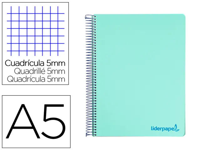 Imagen Cuaderno espiral liderpapel a5 micro wonder tapa plastico 120h 90g cuadro 5mm 5 bandas 6 taladros color verde