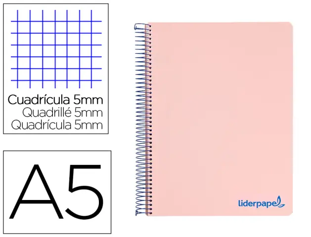Imagen Cuaderno espiral liderpapel a5 micro wonder tapa plastico 120h 90g cuadro 5mm 5 bandas 6 taladros color rosa