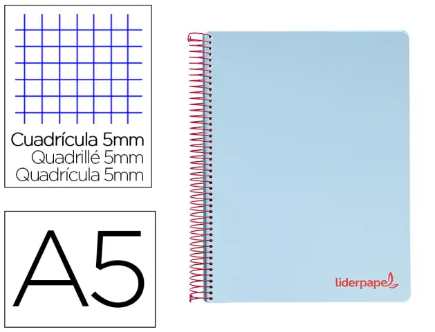 Imagen Cuaderno espiral liderpapel a5 micro wonder tapa plastico 120h 90g cuadro 5mm 5 bandas 6 taladros color celeste
