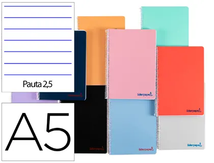 Imagen Cuaderno espiral liderpapel a5 wonder tapa plastico 80h 90g pauta estrecha 2,5mm con margen colores surtidos