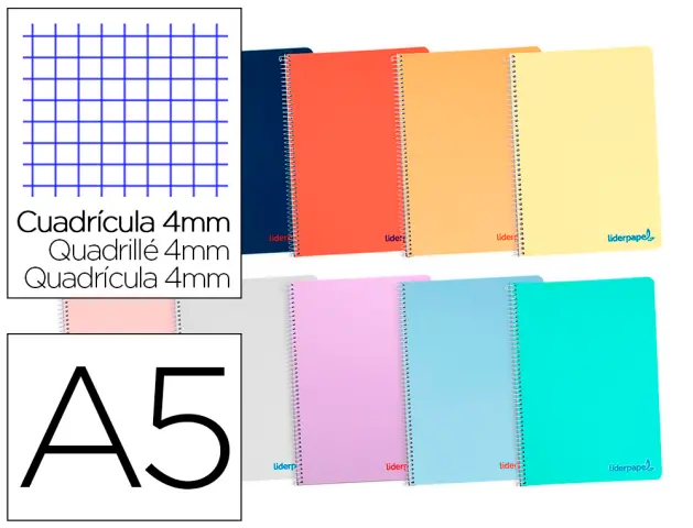 Imagen Cuaderno espiral liderpapel a5 wonder tapa plastico 80h 90g cuadro 4mm con margen colores surtidos