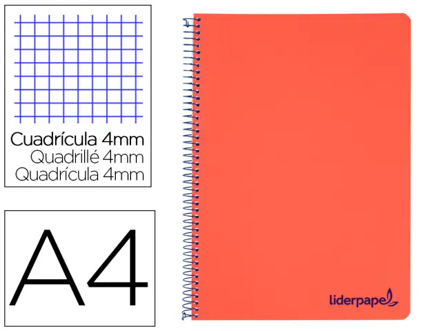 Imagen Cuaderno espiral liderpapel a4 wonder tapa plastico 80h 90gr cuadro 4mm con margen color rojo