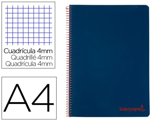 Imagen Cuaderno espiral liderpapel a4 wonder tapa plastico 80h 90gr cuadro 4mm con margen color azul marino