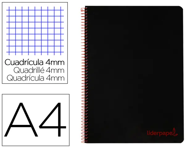 Imagen Cuaderno espiral liderpapel a4 wonder tapa plastico 80h 90gr cuadro 4mm con margen color negro