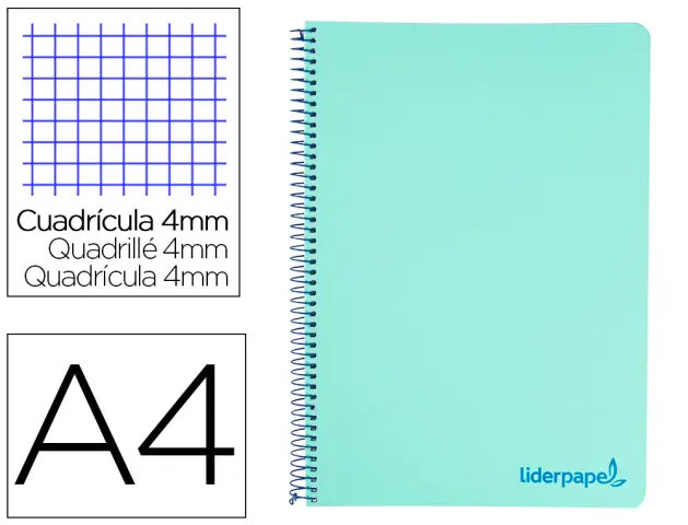 Imagen Cuaderno espiral liderpapel a4 wonder tapa plastico 80h 90gr cuadro 4mm con margen color verde