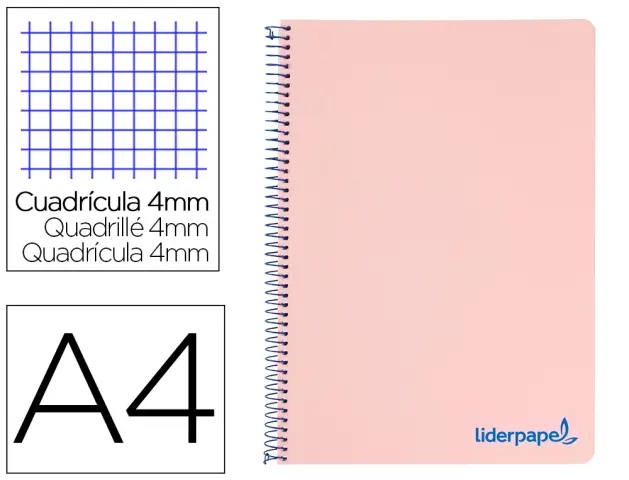 Imagen Cuaderno espiral liderpapel a4 wonder tapa plastico 80h 90gr cuadro 4mm con margen color rosa
