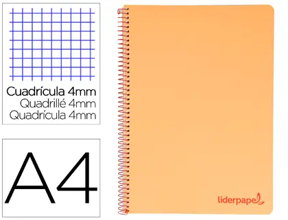 Imagen Cuaderno espiral liderpapel a4 wonder tapa plastico 80h 90gr cuadro 4mm con margen color naranja