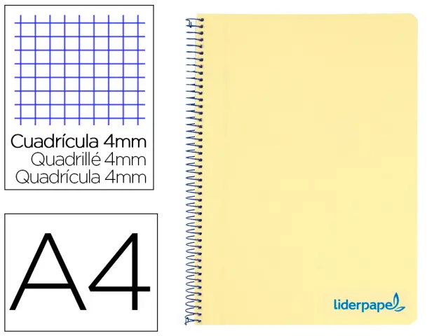 Imagen Cuaderno espiral liderpapel a4 wonder tapa plastico 80h 90gr cuadro 4mm con margen color amarillo