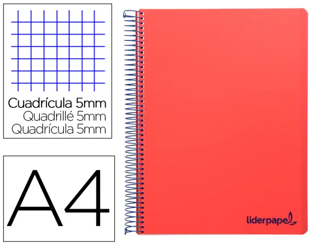 Imagen Cuaderno espiral liderpapel a4 micro wonder tapa plastico 120h 90 gr cuadro 5 mm 5 bandas 4 taladros color rojo