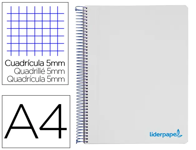 Imagen Cuaderno espiral liderpapel a4 micro wonder tapa plastico 120h 90 gr cuadro 5 mm 5 bandas 4 taladros color gris
