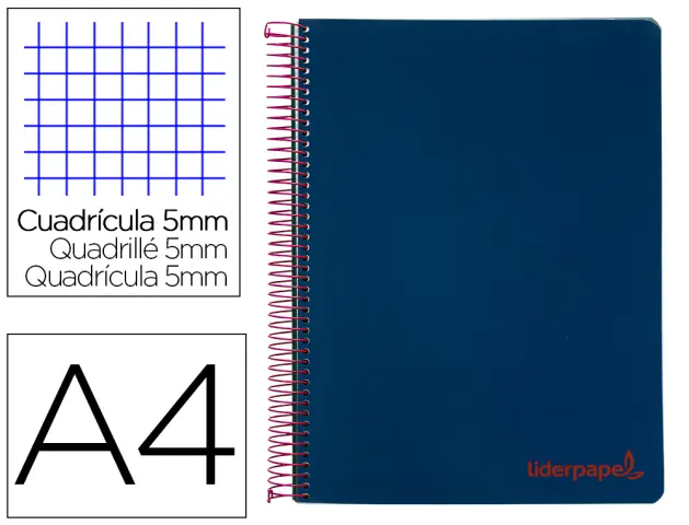 Imagen Cuaderno espiral liderpapel a4 micro wonder tapa plastico 120h 90 gr cuadro 5 mm 5 banda4 taladros color azul marino