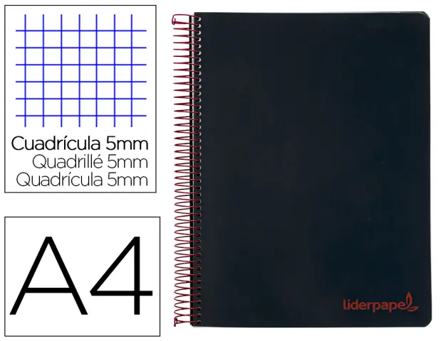 Imagen Cuaderno espiral liderpapel a4 micro wonder tapa plastico 120h 90 gr cuadro 5 mm 5 bandas 4 taladros color negro