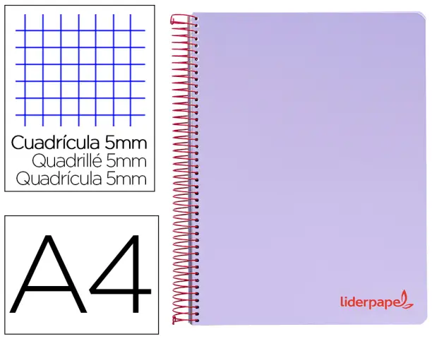 Imagen Cuaderno espiral liderpapel a4 micro wonder tapa plastico 120h 90 gr cuadro 5 mm 5 banda4 taladros color lila