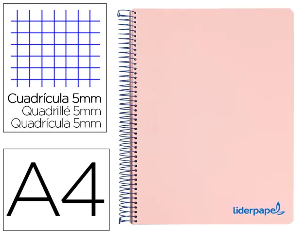 Imagen Cuaderno espiral liderpapel a4 micro wonder tapa plastico 120h 90 gr cuadro 5 mm 5 bandas 4 taladros color rosa