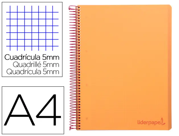 Imagen Cuaderno espiral liderpapel a4 micro wonder tapa plastico 120h 90 gr cuadro 5 mm 5 banda4 taladros color naranja