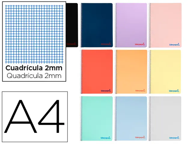Imagen Cuaderno espiral liderpapel a4 wonder tapa plastico 80h 90gr milimetrado 2mm con margen colores surtidos