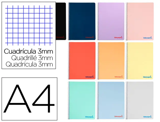 Imagen Cuaderno espiral liderpapel a4 wonder tapa plastico 80h 90gr cuadro 3mm con margen colores surtidos