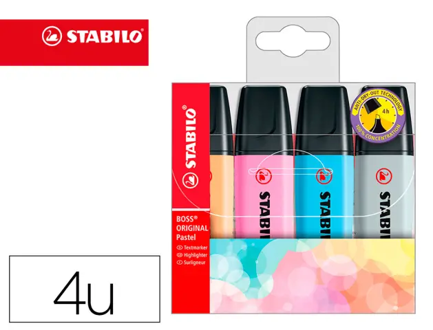 Imagen Rotulador stabilo boss fluorescente 70 pastel estuche de 4 unidades colores surtidos