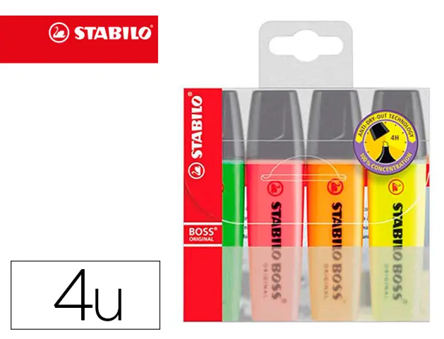 Imagen Rotulador stabilo boss fluorescente 70 estuche de 4 unidades colores surtidos