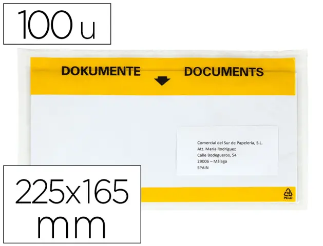 Imagen Sobre autoadhesivo q-connect portadocumentos multilingue 225x165 mm ventana transparente paquete de 100