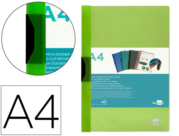 Imagen Carpeta liderpapel dossier pinza lateral polipropileno din a4 verde translucido 60 hojas pinza deslizante