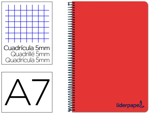 Imagen Cuaderno espiral liderpapel a7 micro wonder tapa plastico 100h 90 gr cuadro 5mm 4 bandas color rojo