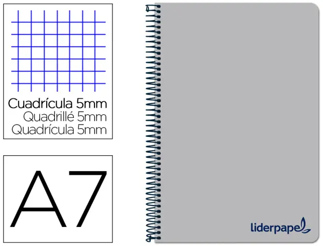 Imagen Cuaderno espiral liderpapel a7 micro wonder tapa plastico 100h 90 gr cuadro 5mm 4 bandas color gris