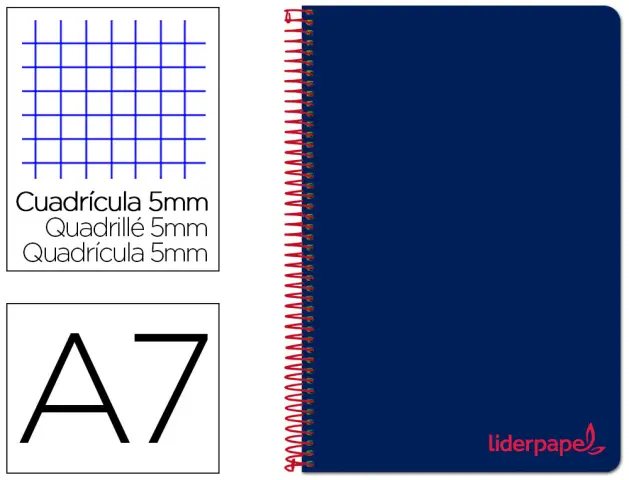 Imagen Cuaderno espiral liderpapel a7 micro wonder tapa plastico 100h 90 gr cuadro 5mm 4 bandas color azul marino